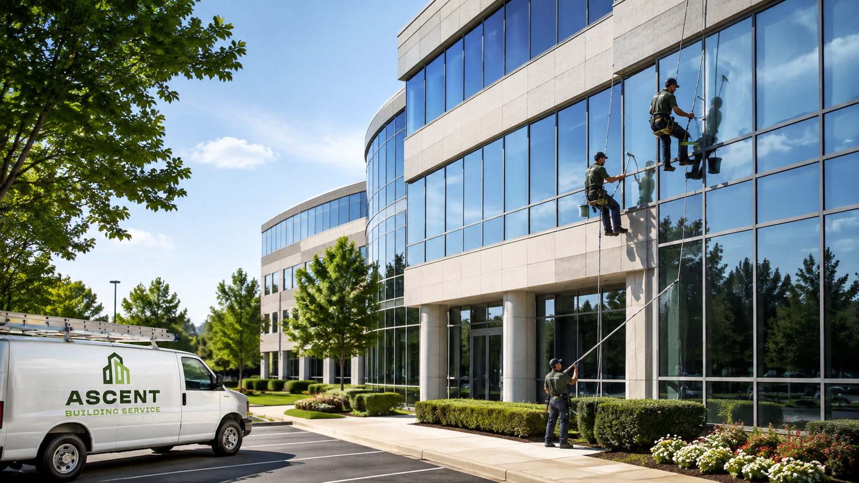 Commercial window cleaning at a modern office building in Downers Grove, IL by Ascent Building Services
