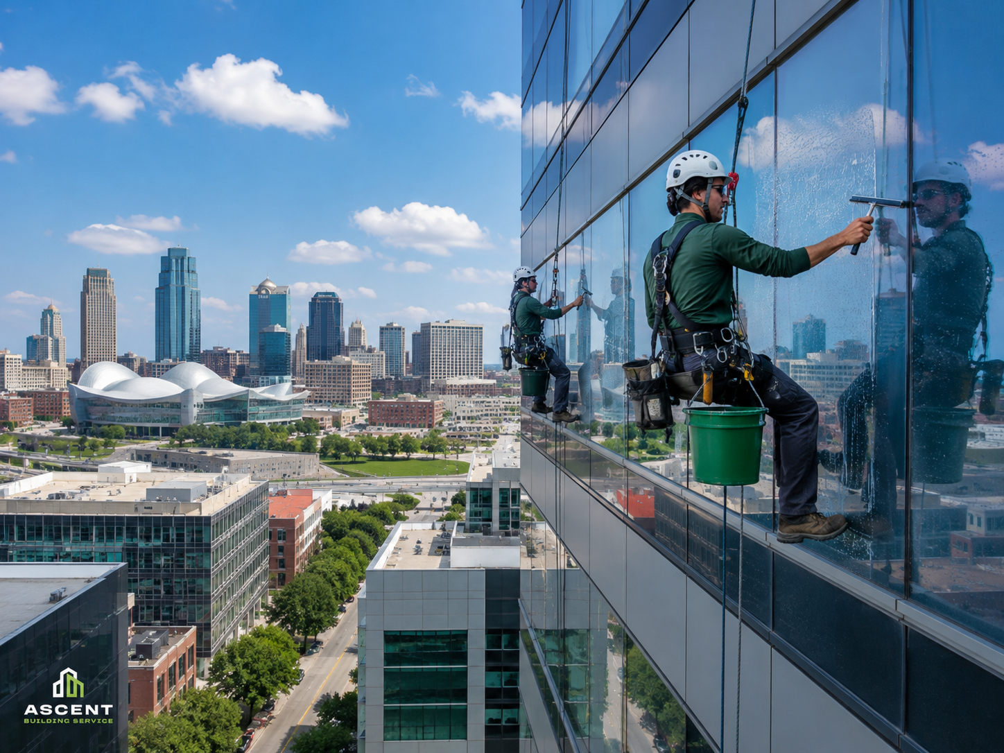 commercial-window-cleaning-kansas-city-mo-office-building Commercial window cleaning on a modern office building in Kansas City, MO by Ascent Building Service.