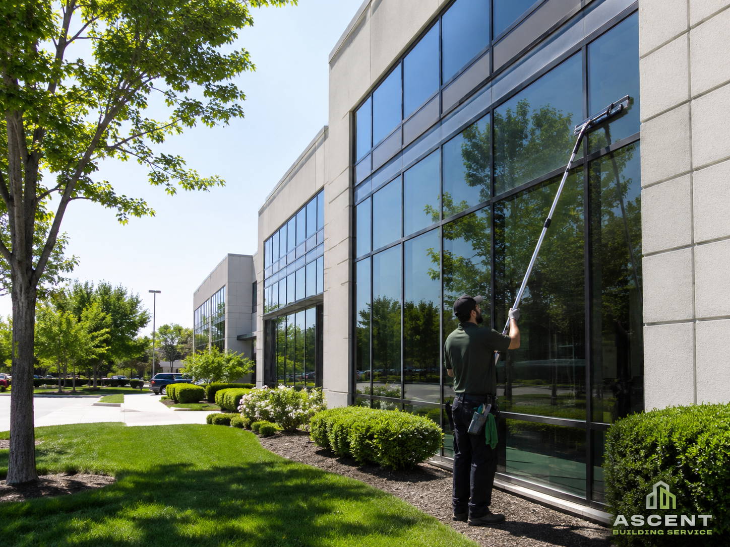 Professional commercial window cleaning at a modern office building in Lincolnwood, IL by Ascent Building Service.