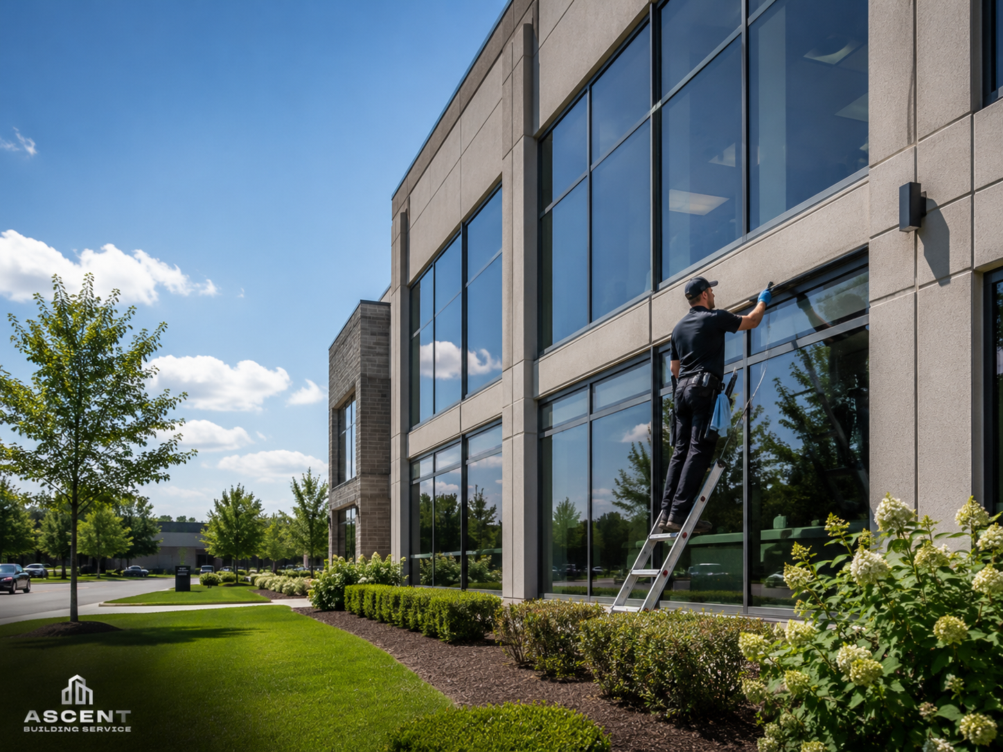 Ascent Building Service providing commercial window cleaning for a modern office building in Skokie, IL.