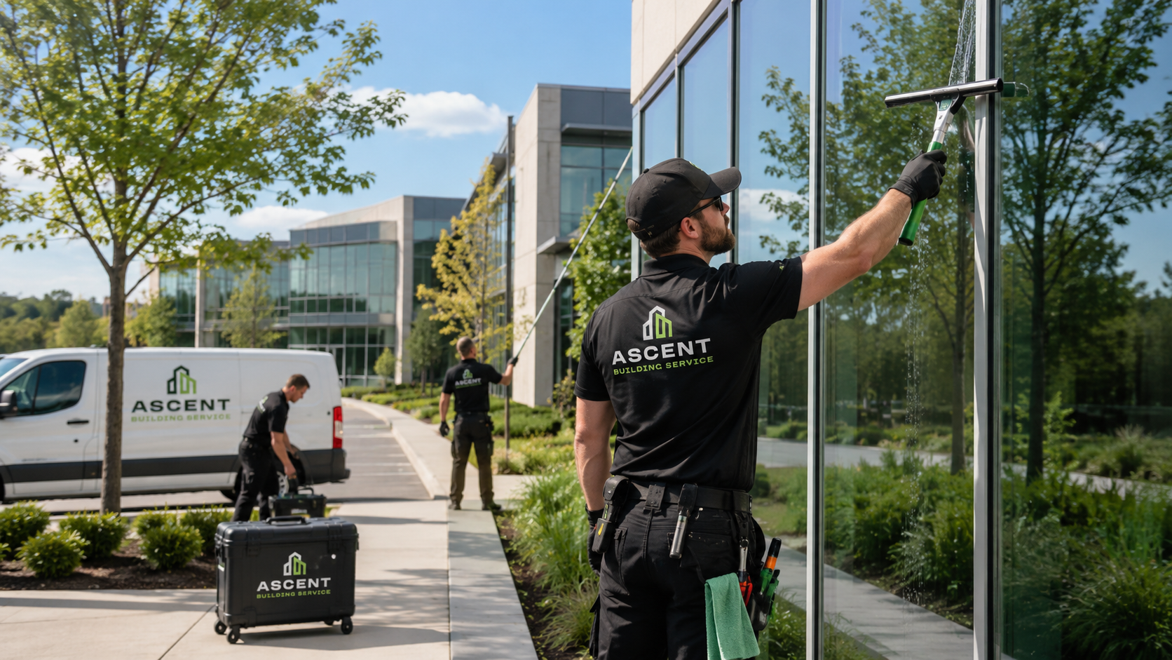 Ascent Building Services team providing commercial glass cleaning in Downers Grove, IL