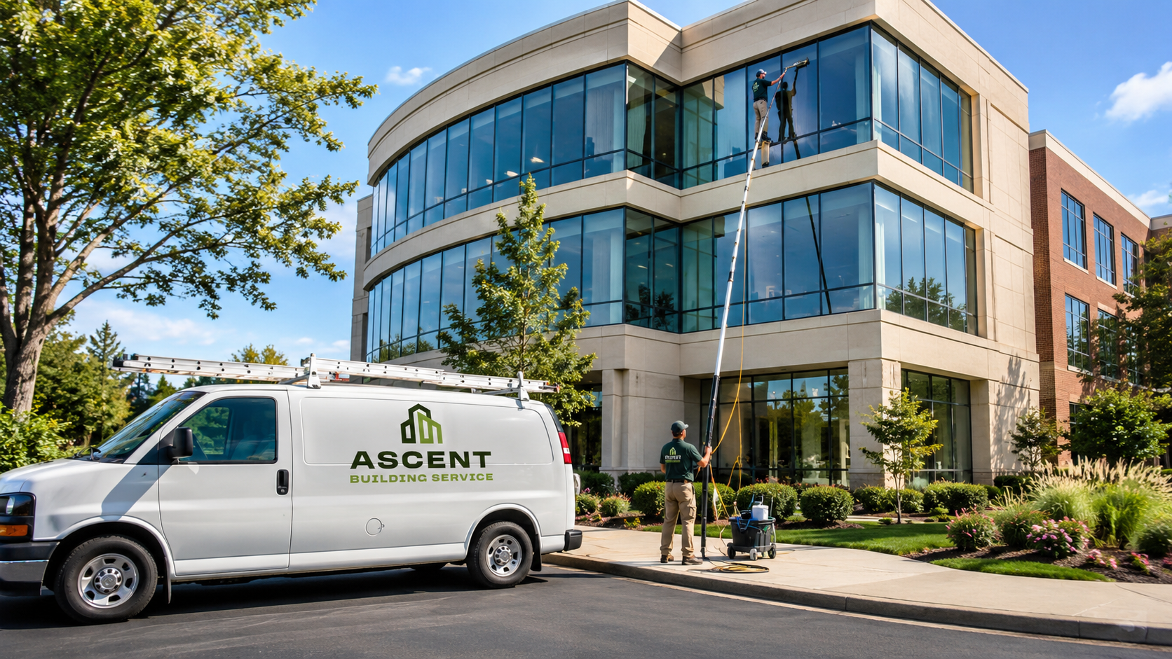 High-rise commercial window cleaning in Downers Grove, IL by Ascent Building Services