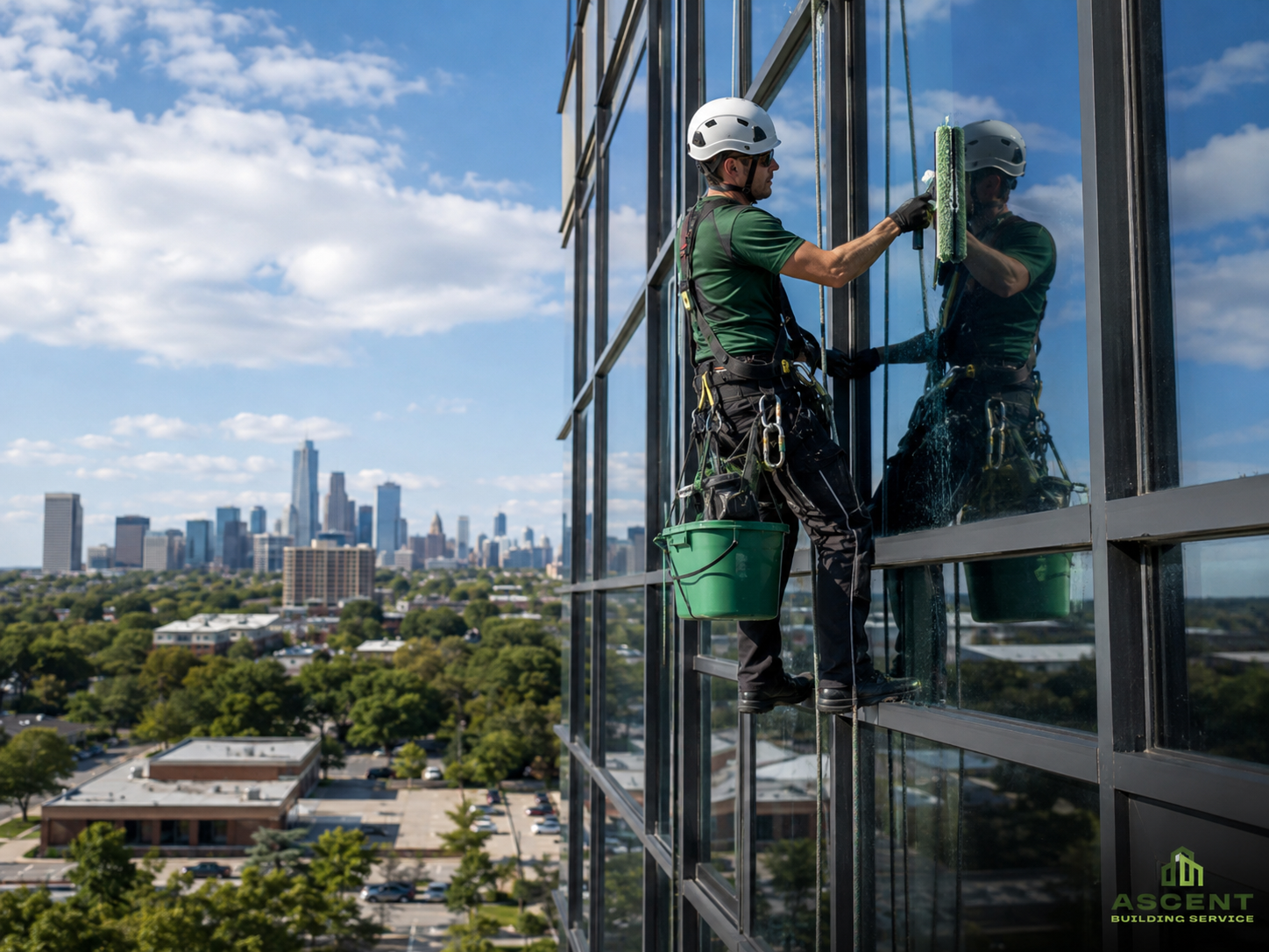 High-rise commercial window cleaning in Skokie, IL by Ascent Building Service.