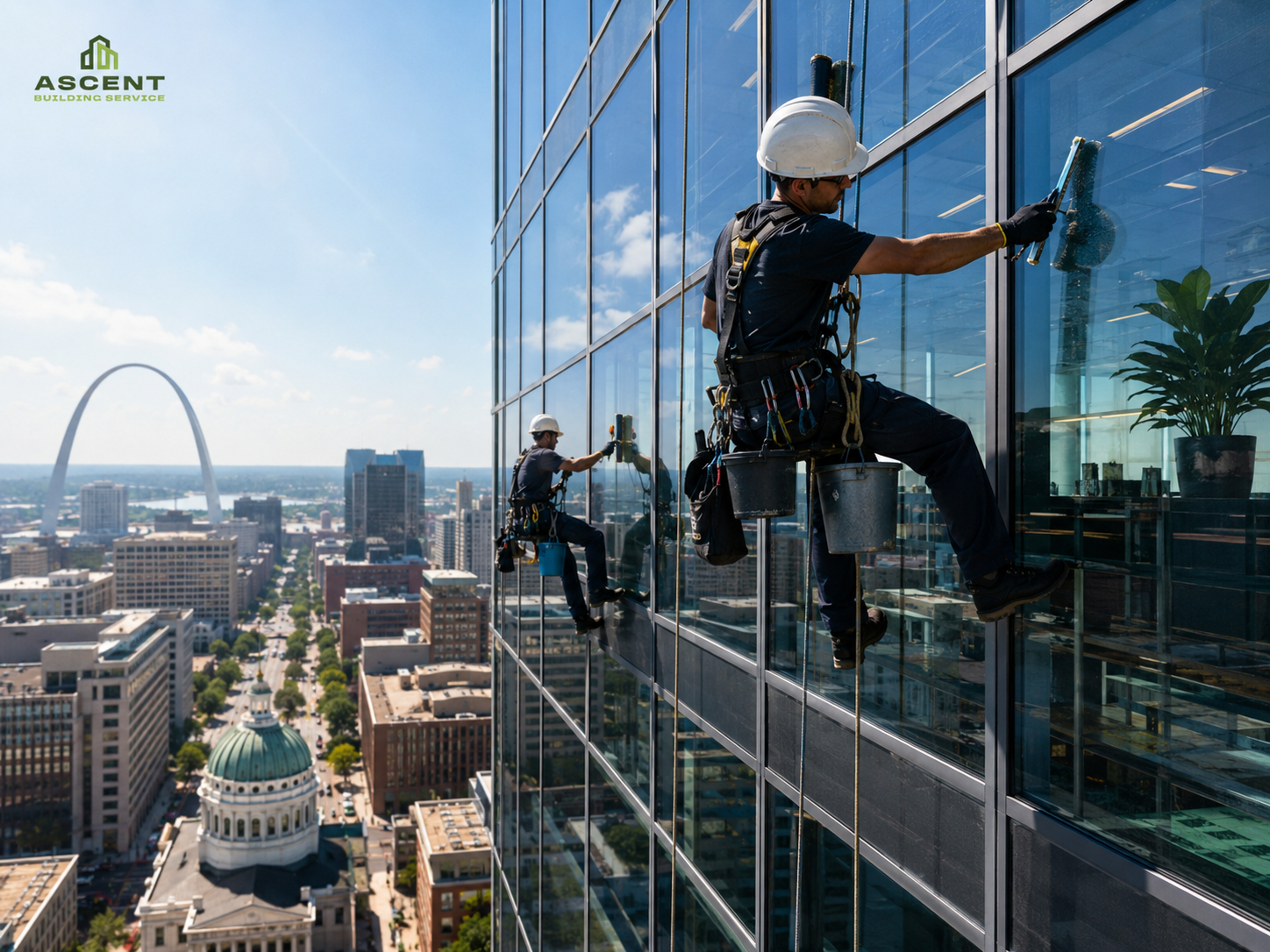 Rope-access high-rise window cleaning in St. Louis, MO with the Gateway Arch in the background.