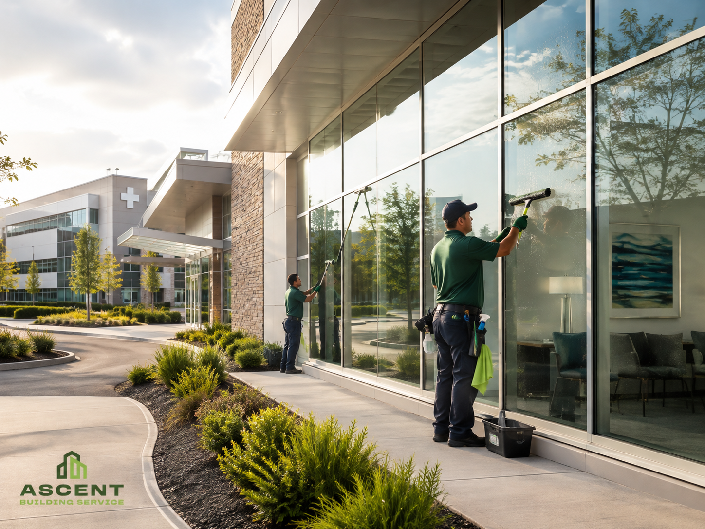 Commercial window cleaning at a medical office property in Cook County, IL by Ascent Building Service.