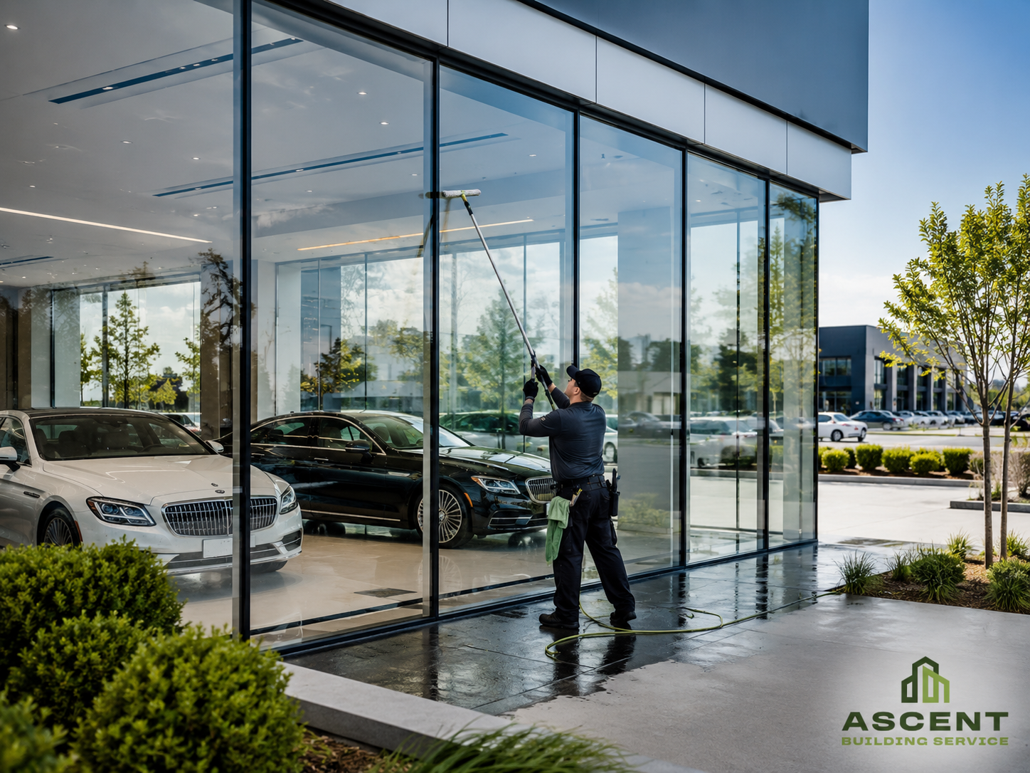 Showroom glass and window cleaning service in Lincolnwood, IL by Ascent Building Service.