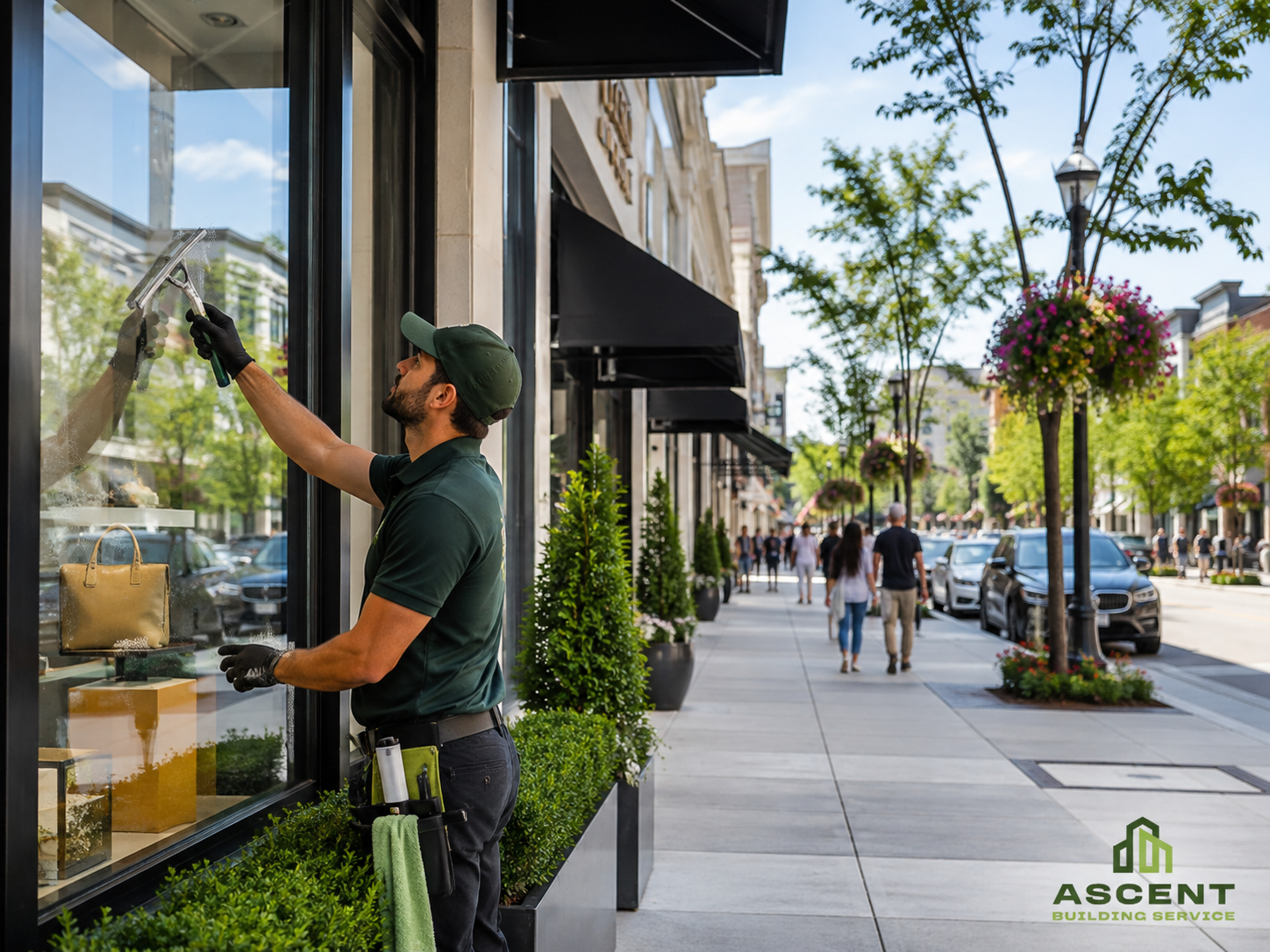 Professional storefront window cleaning for a retail property in Cook County, IL by Ascent Building Service.