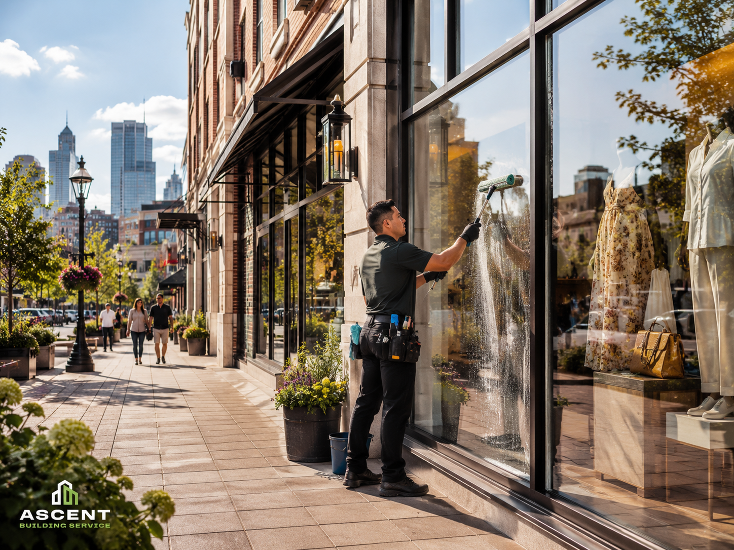 storefront-window-cleaning-kansas-city-mo Professional storefront window cleaning for a retail property in Kansas City, MO by Ascent Building Service.