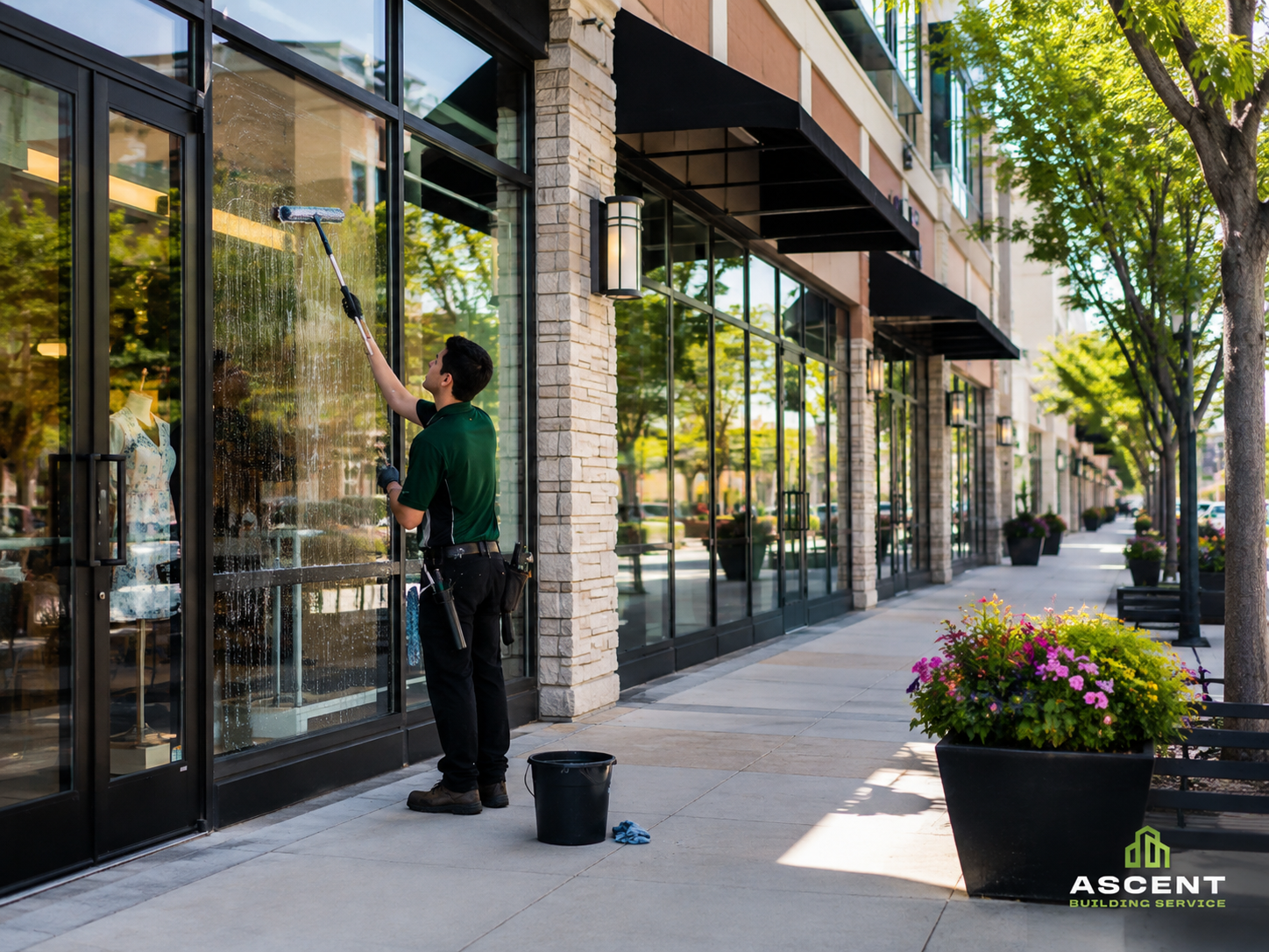 Professional storefront window cleaning service in Skokie, IL by Ascent Building Service.