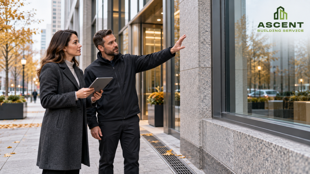 Property manager and maintenance professional reviewing a Chicago high-rise building maintenance plan before winter.