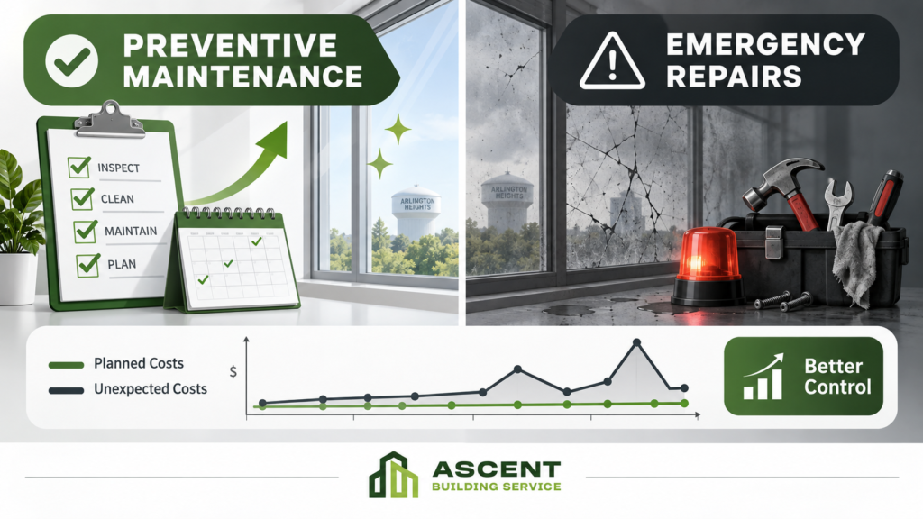 Commercial building maintenance Arlington Heights IL infographic comparing preventive maintenance and emergency repairs.