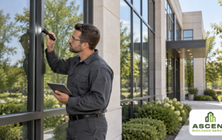 Commercial glass inspection in Lincolnwood, IL, with a technician checking window seals.
