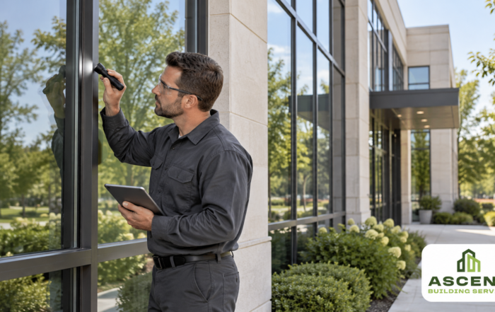 Commercial glass inspection in Lincolnwood, IL, with a technician checking window seals.