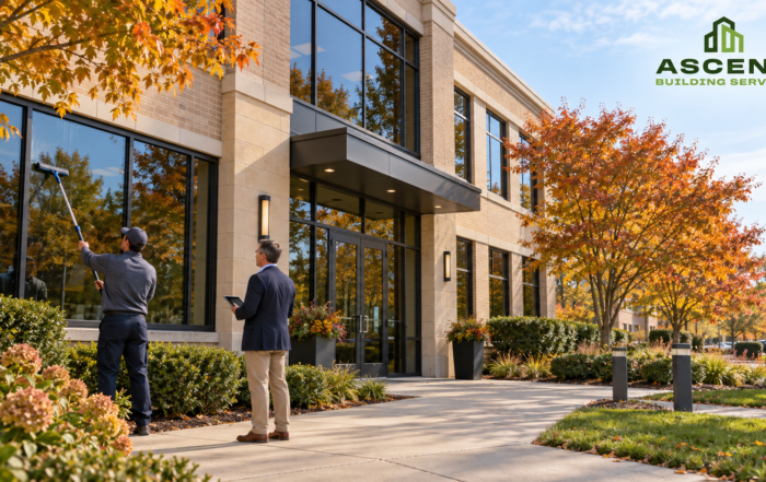 Commercial property maintenance in Downers Grove, IL, with a window cleaner and property manager outside an office building in fall.