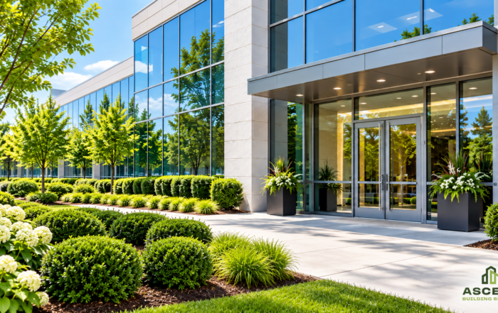Commercial property maintenance in Naperville, IL with clean office windows, landscaped grounds, and a polished exterior