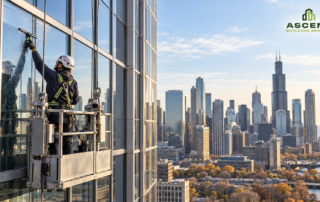 Window cleaner washing a Chicago high-rise exterior before winter, for Ascent's high-rise building maintenance plan.