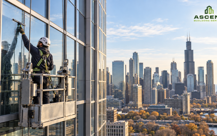 Window cleaner washing a Chicago high-rise exterior before winter, for Ascent's high-rise building maintenance plan.