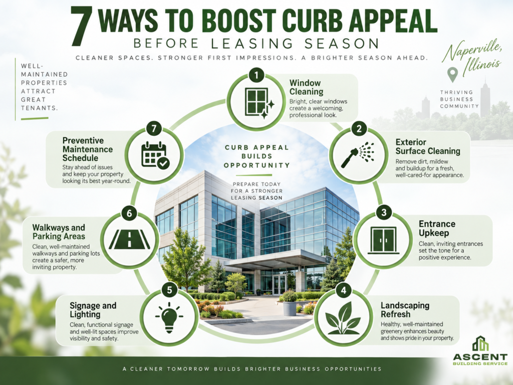 Commercial property maintenance in Naperville, IL infographic showing 7 curb appeal improvements for office buildings