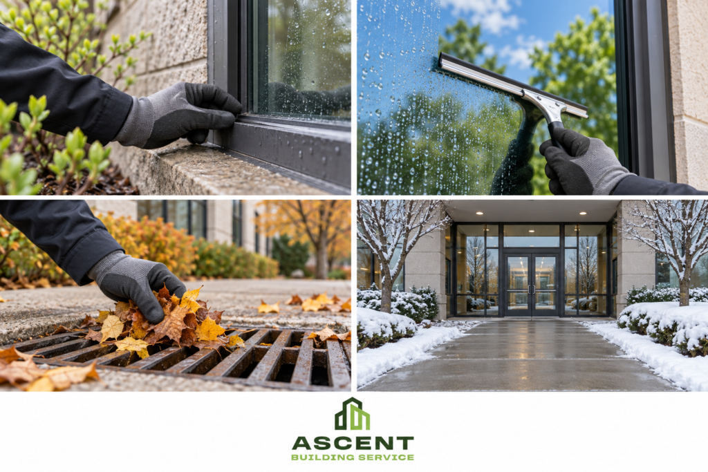 Seasonal exterior maintenance tasks for a commercial building in Skokie, IL