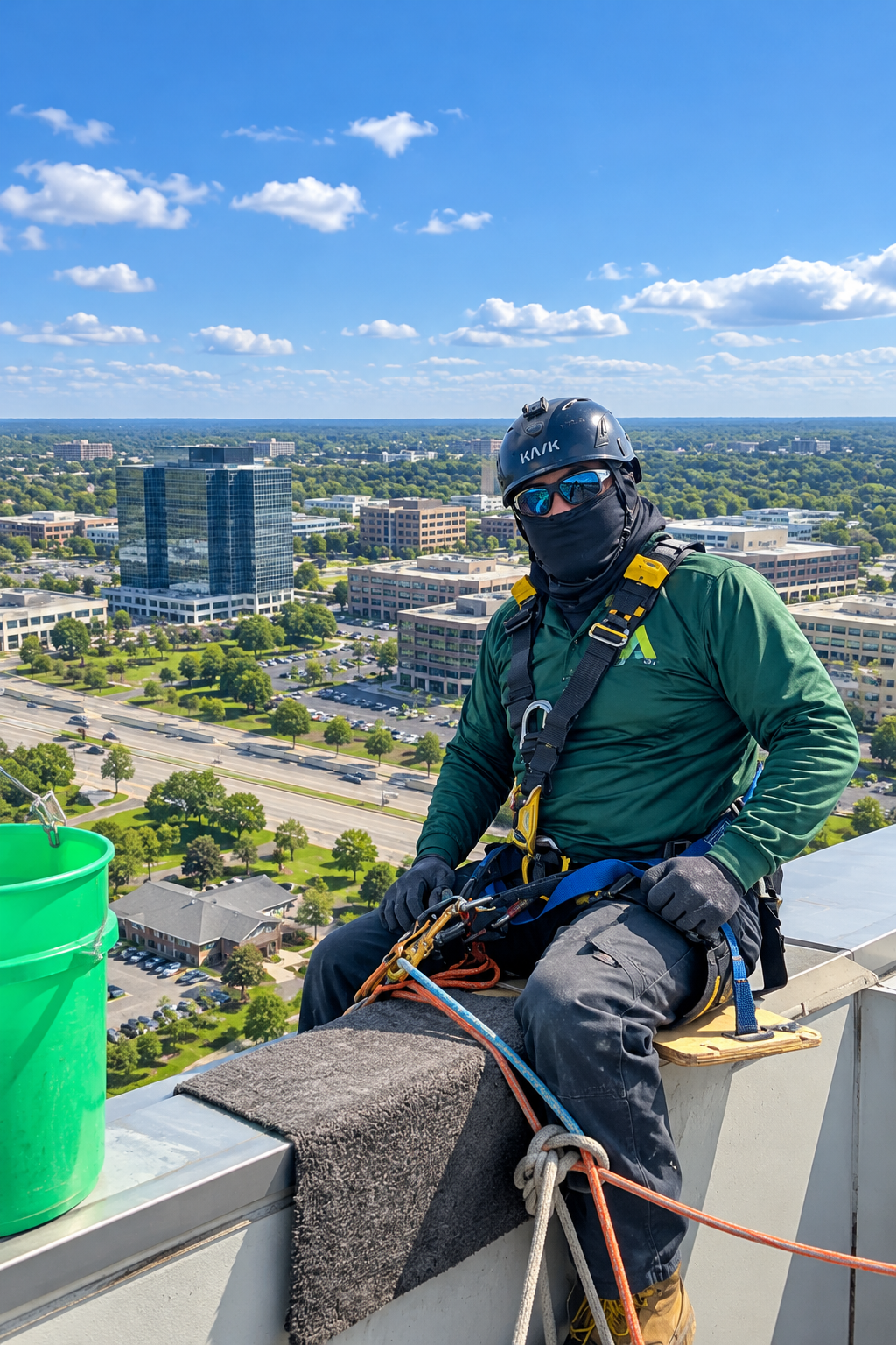 commercial-window-cleaning-brookfield-wi-rope-access Rope access window cleaning technician wearing safety gear on a commercial building rooftop, illustrating high-rise window cleaning in Brookfield, WI.